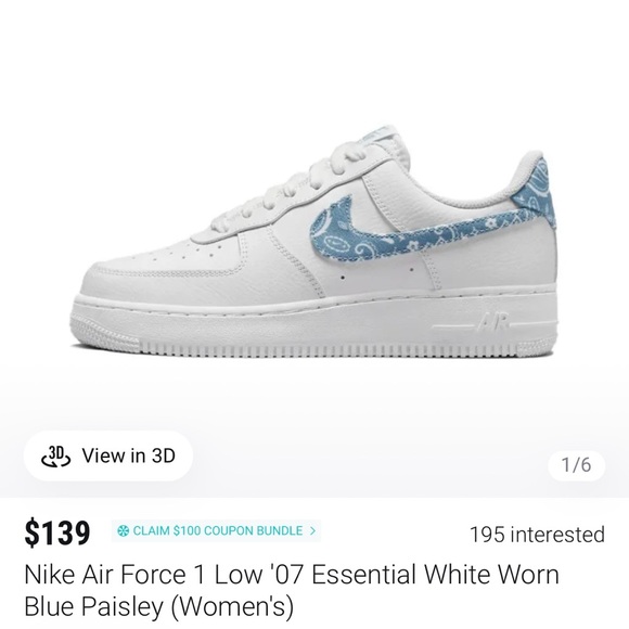Nike Air Force 1 Low ‘07 Essential White Blue Paisley Size 7 - Picture 2 of 9